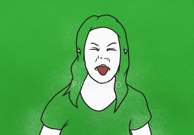 Ilustración de la mujer sobresaliendo lengua sobre fondo verde - foto de stock