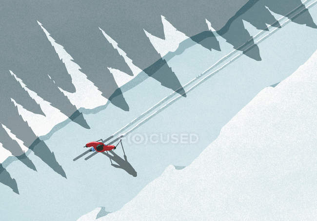 Illustration des Menschen beim Skifahren im Winter an einem sonnigen Tag — Stockfoto
