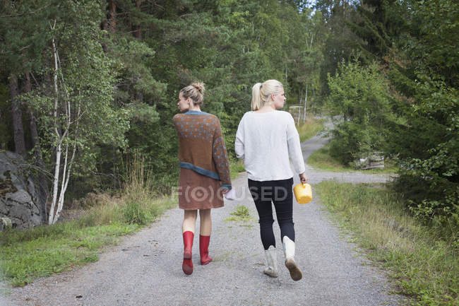 Vista trasera de las mujeres mirando hacia otro lado mientras caminan por el camino de tierra entre árboles - foto de stock