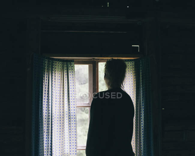 Ruckansicht Des Reife Frau Blick Durch Fenster Zu Hause One