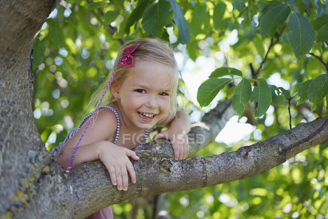 Portrait of cheerful girl climbing tree — Stock Photo