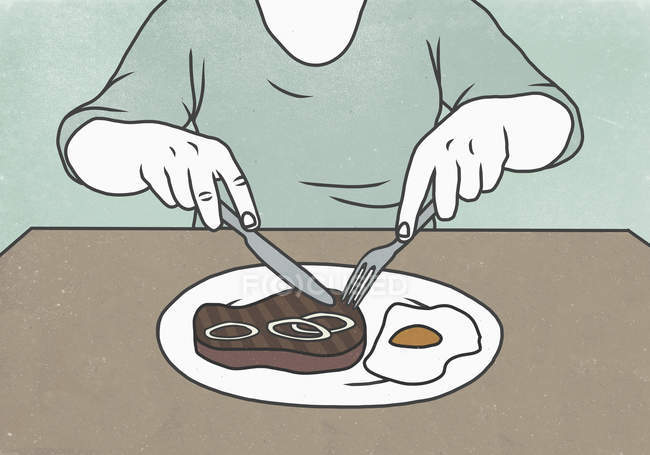 Illustration de femme coupant un steak sur une assiette à table — Photo de stock