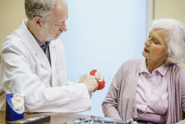 Врач держит анатомическую модель, объясняя пожилой женщине в клинике — стоковое фото