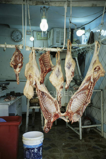Carne cruda colgada en el almacén - foto de stock