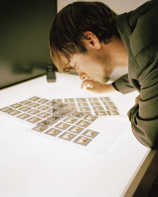 Young man looking at slide transparencies on a light box — Stock Photo