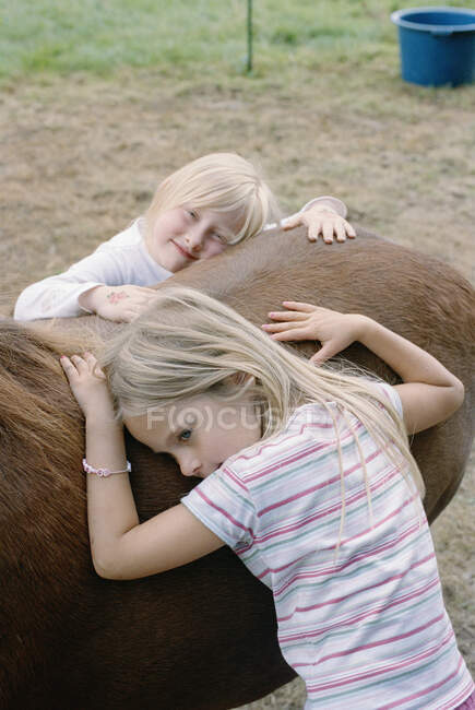 Dos chicas abrazando un caballo - foto de stock