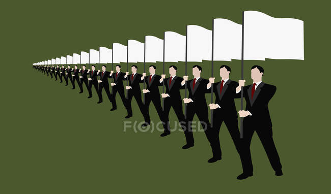 Hommes d'affaires tenant des drapeaux blancs et debout dans la rangée — Photo de stock