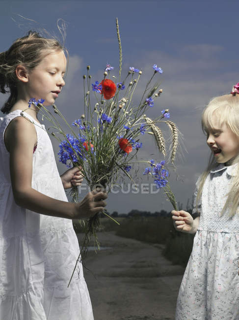 Две девушки держат пучки на полевых цветах — стоковое фото