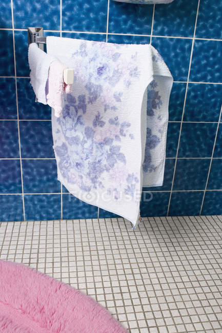 Towels Hanging On Towel Rack In Bathroom High Angle View Home Towels Hanging On Towel Rack In Bathroom High Angle View Home Interior Stock Photo 180086524
