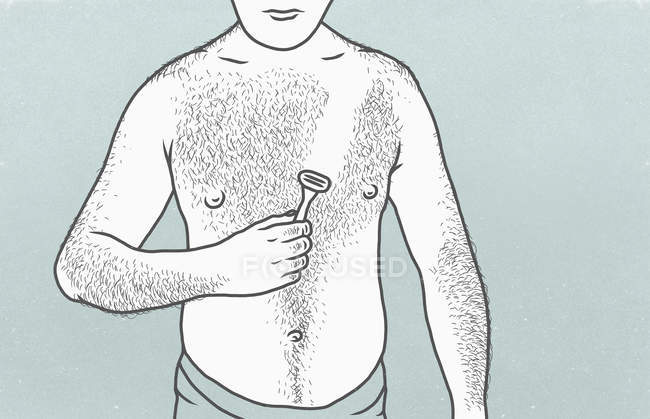 Hombre afeitándose el pecho peludo con afeitadora — Stock Photo