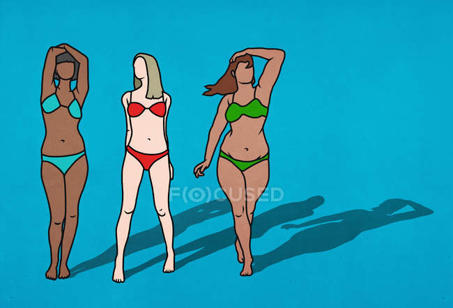 Donne con corpi diversi in bikini su sfondo blu — Foto stock