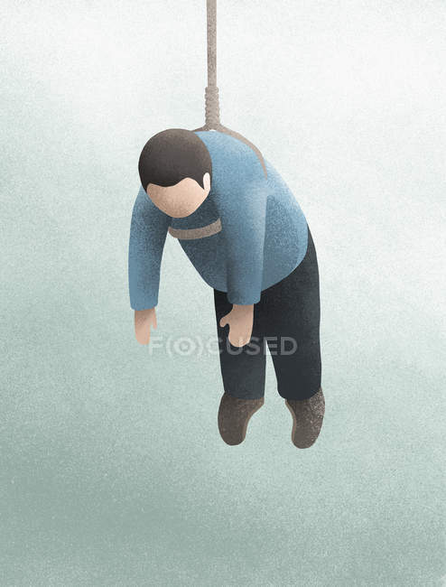 Людина, що висить від мотузки на синьому фоні — стокове фото