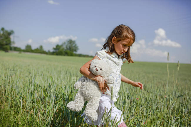 Девушка с плюшевым мишкой ходит по солнечному, сельскому зеленому полю — стоковое фото