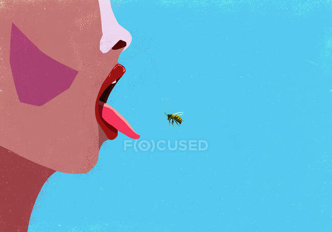 Bumble ape entrare donna bocca — Foto stock