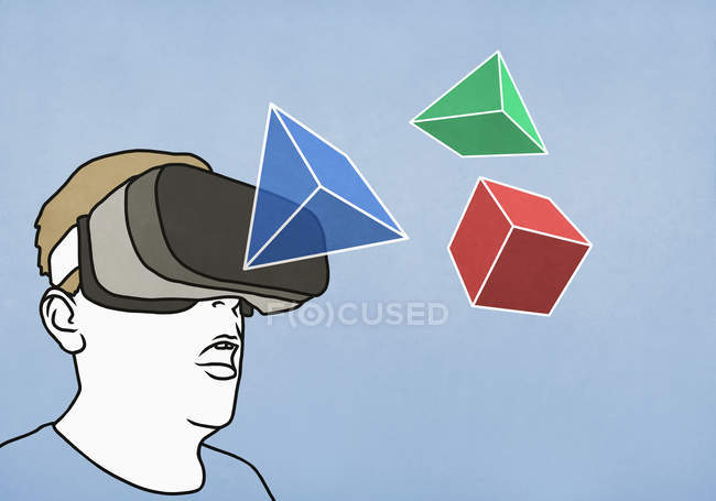 Человек с симулятором виртуальной реальности смотрит на трехмерные геометрические фигуры — стоковое фото