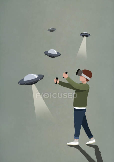 Ragazzo che gioca video gioco UFO con occhiali simulatore di realtà virtuale — Foto stock