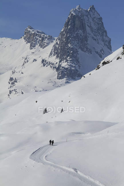 Gente haciendo raquetas de nieve en la soleada montaña cubierta de nieve, Vals, Cantón de los Grisones, Suiza - foto de stock