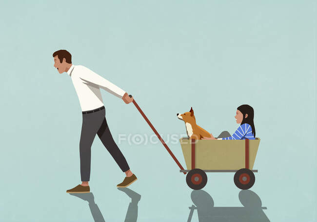 Father pulling wagon with daughter and dog — Stock Photo