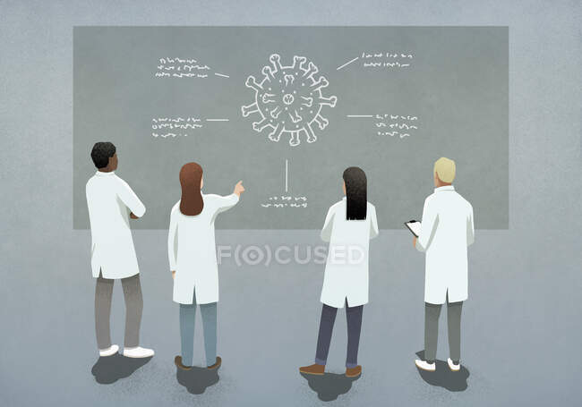 Scientists discussing COVID-19 coronavirus diagram — Stock Photo
