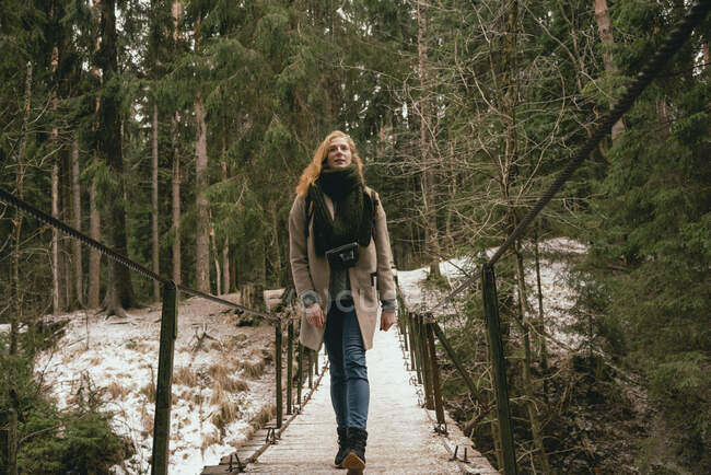 Mujer en abrigo de lana y bufanda caminando por pasarela en bosques nevados - foto de stock