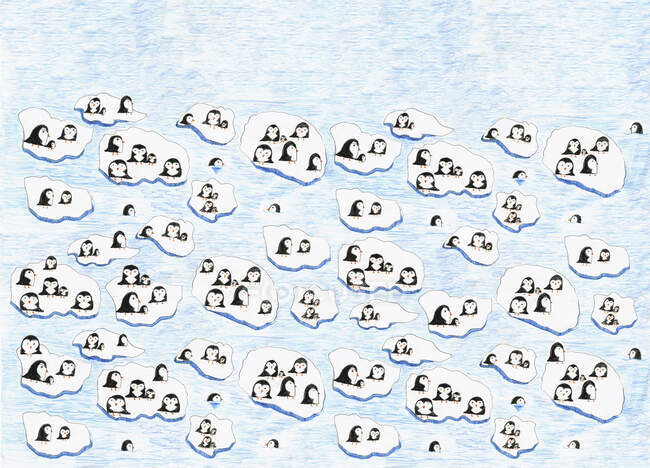 Pingüinos de ilustración sobre hielo derretido - foto de stock