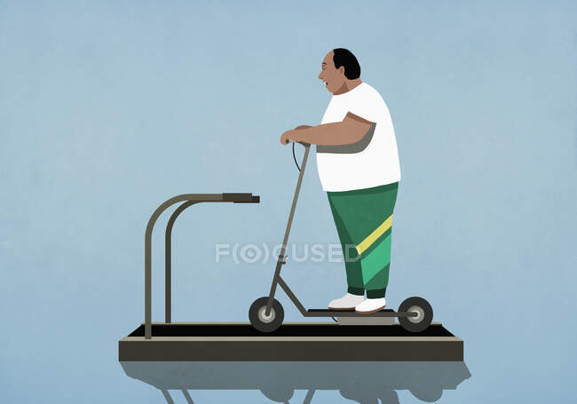 Hombre con sobrepeso montando scooter eléctrico en cinta de correr - foto de stock