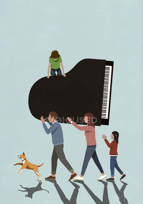 Family with dog carrying piano — Stock Photo