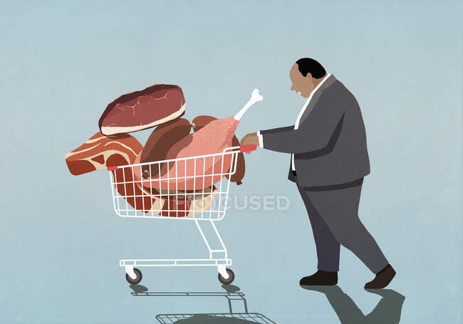 Uomo d'affari sovrappeso con carrello pieno di carne — Foto stock