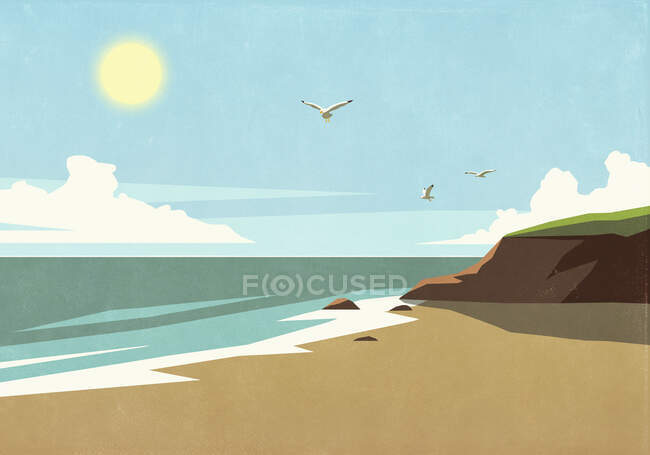 Gaviotas volando sobre la soleada y tranquila playa oceánica - foto de stock