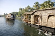 Blick auf Boote, die tagsüber durch den Fluss gegen Palmen fahren — Stockfoto