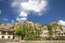Lamayuru Buddhist Monastery rising above a mass of eroded cliffs on the Leh-Kargil road with Poplar and Willow trees in the foreground. Ladakh. India — Stock Photo