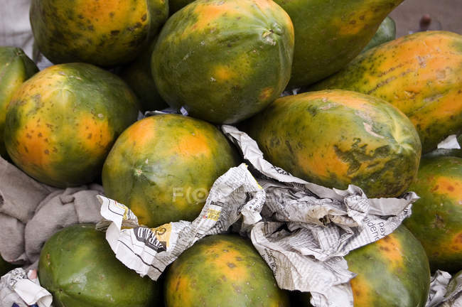 Papaya zum Verkauf an Obstständen an der Wode House Road colaba, bombay mumbai, maharashtra, india. — Stockfoto