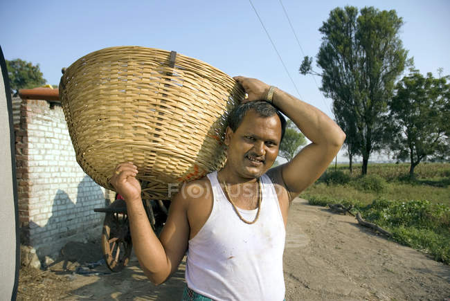 Индийский фермер держит на голове быков. Салфевади, Амбаджогай, Бид, Махараштра, Индия — стоковое фото