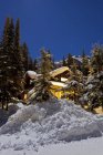 Nachtlandschaft mit Haus und schneebedeckten Bäumen — Stockfoto