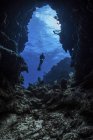Дайвер у входа в подводную пещеру — стоковое фото
