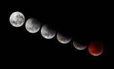 Різні етапи повного затемнення місяця 2010 року на чорному фоні — стокове фото