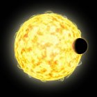Planeta masivo en órbita estrecha alrededor de la estrella sobre fondo negro - foto de stock