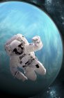 Астронавт плаває в космосі над великою, інопланетною планетою — стокове фото