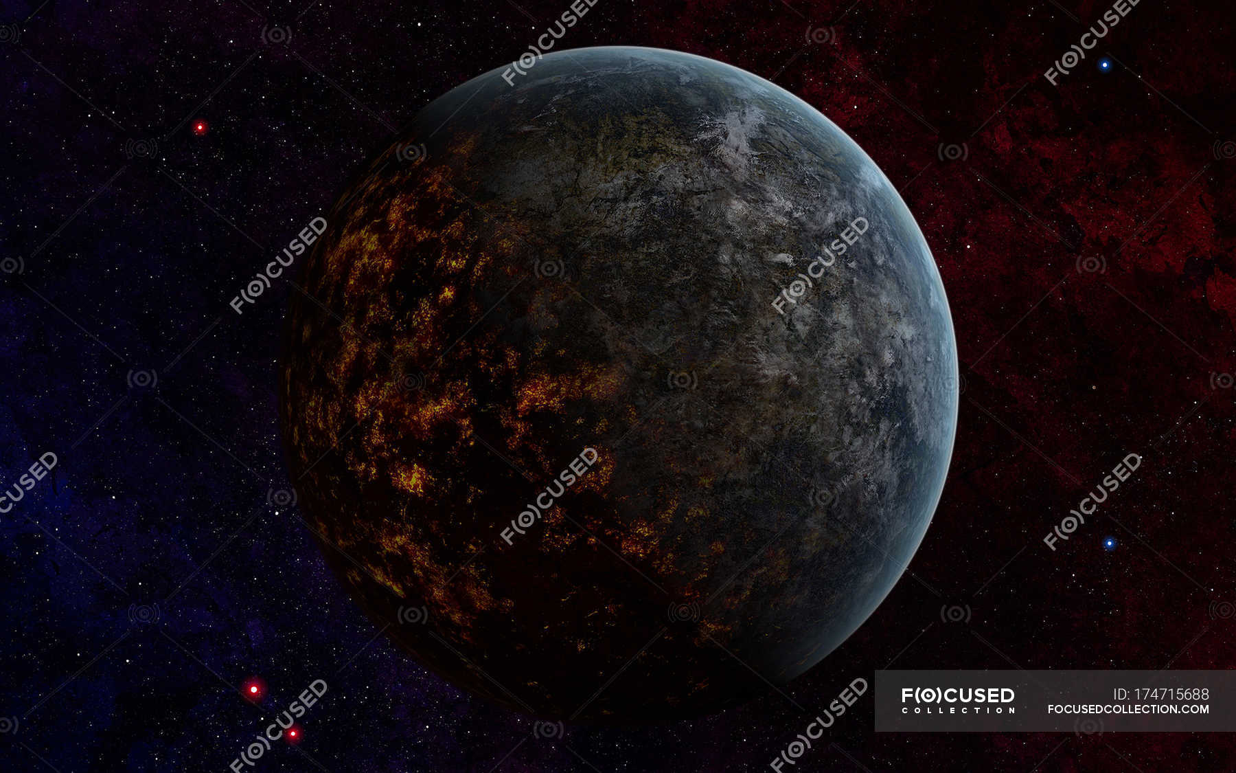 Planet with molten lava lights on nightside — underworld, outdoors ...