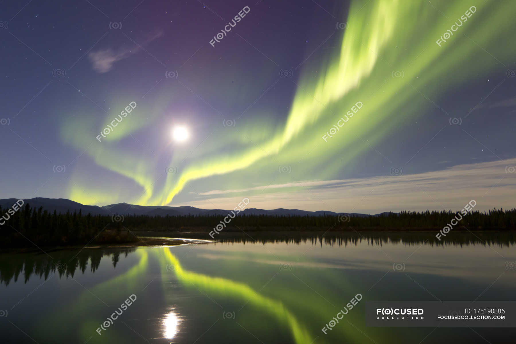Aurora Borealis And Full Moon Over River Wispy Natural Phenomenon Stock Photo 175190886