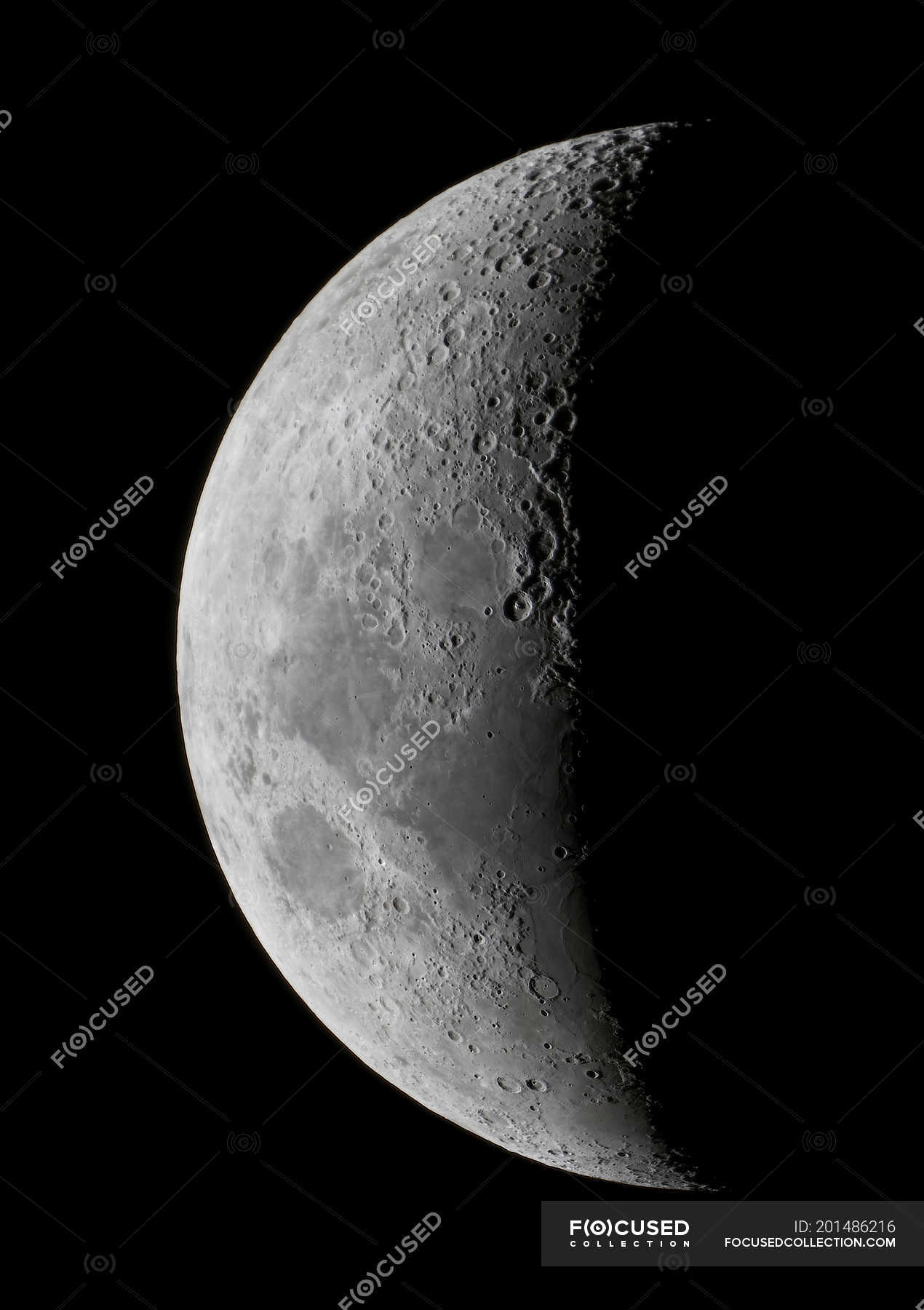 Waxing crescent moon in high resolution on black background — surface, Part  Of - Stock Photo | #201486216