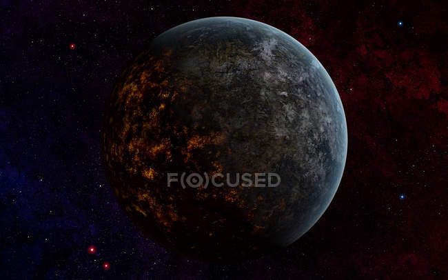 Planète avec des lumières de lave fondues sur le bord de la nuit — Photo de stock