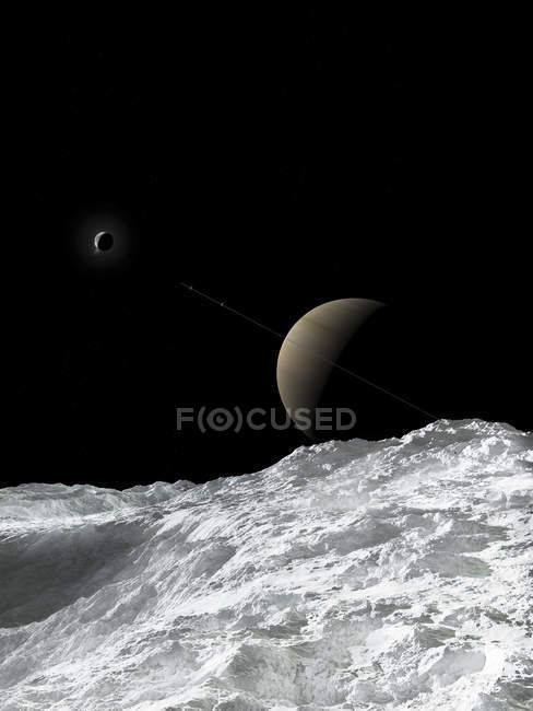 Saturno e Encélado como visto da lua — Fotografia de Stock
