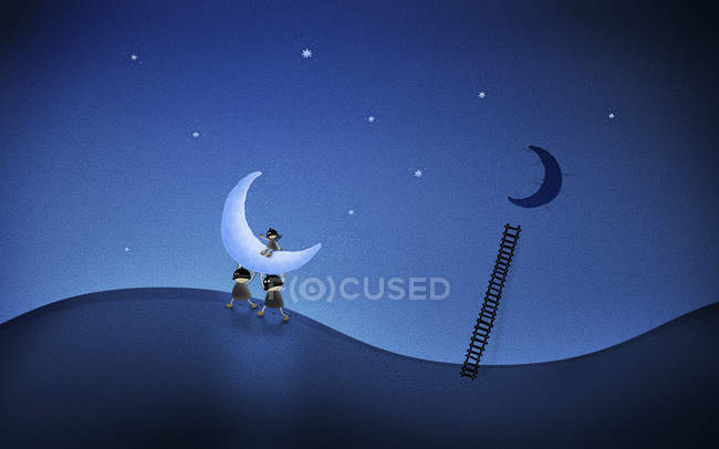 Cartoon characters stealing moon — Stock Photo