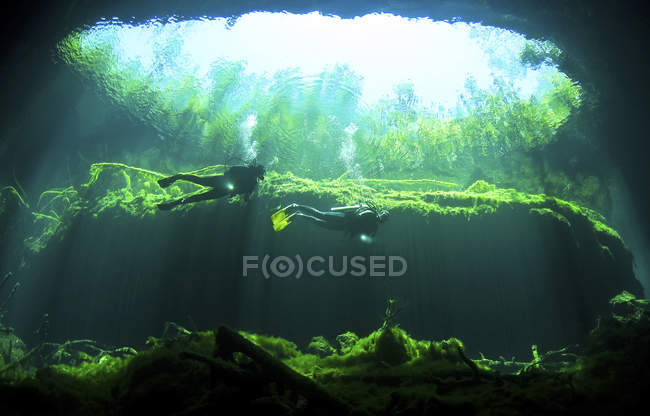 Scuba divers in Garden of Eden cavern — Stock Photo