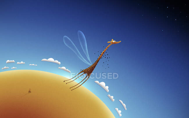 Jirafa con alas volando sobre el planeta - foto de stock