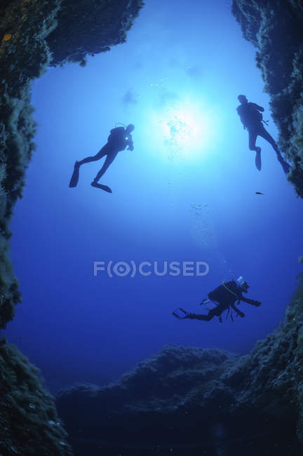 Sortie de grotte avec trois plongeurs, Grotta dei Cirri, Ustica, Italie — Photo de stock