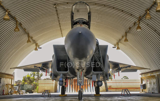Israel, Base Aérea Hatzerim - 21 de mayo de 2012: Estacionamiento Boeing F-15I Raam en el hangar - foto de stock