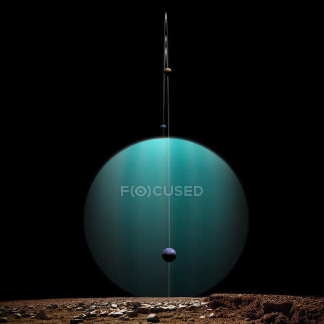 Планета газового гиганта с кольцами, окруженная лунами — стоковое фото