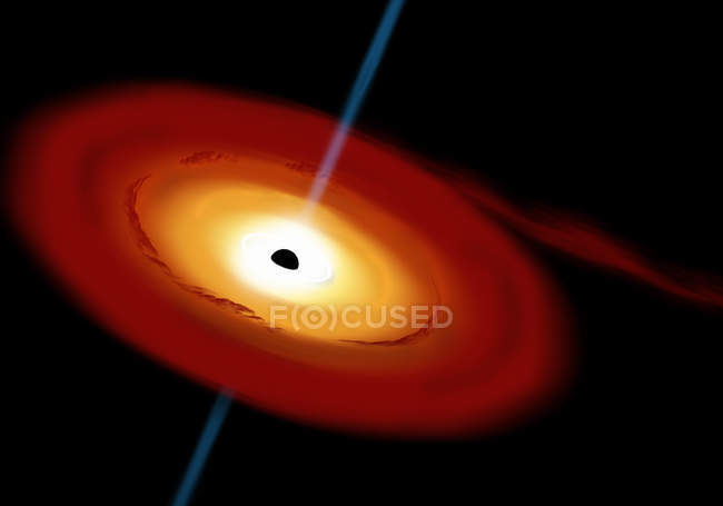 Agujero negro y disco de acreción en el espacio interestelar tirando de gas y polvo de la nebulosa cercana - foto de stock